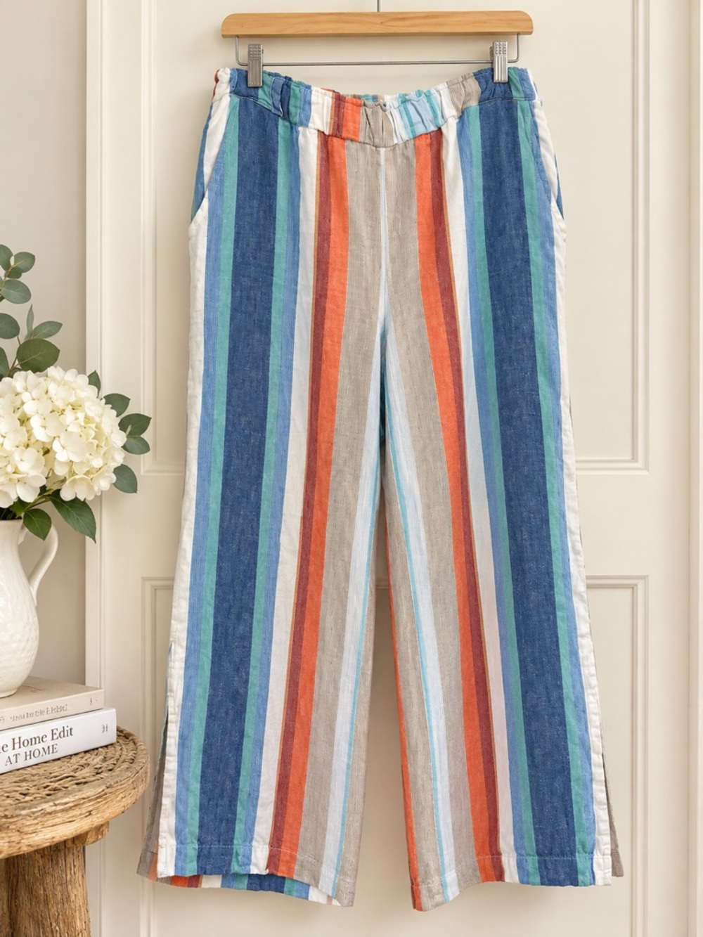 Indigo Rein Size L Striped Linen Blend Wide Leg Pants Coastal Resort Boho